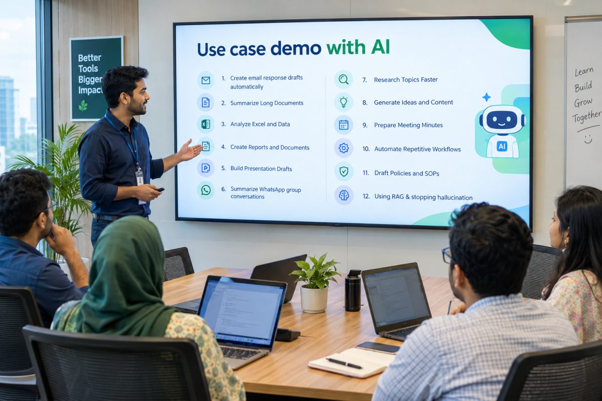 A trainer presenting AI use cases to a room of professionals